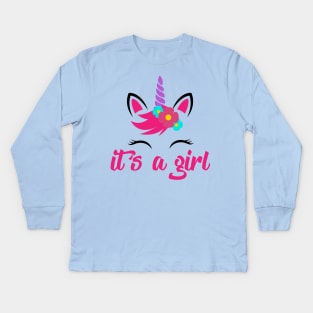 Unicorn Face - It's A Girl Kids Long Sleeve T-Shirt